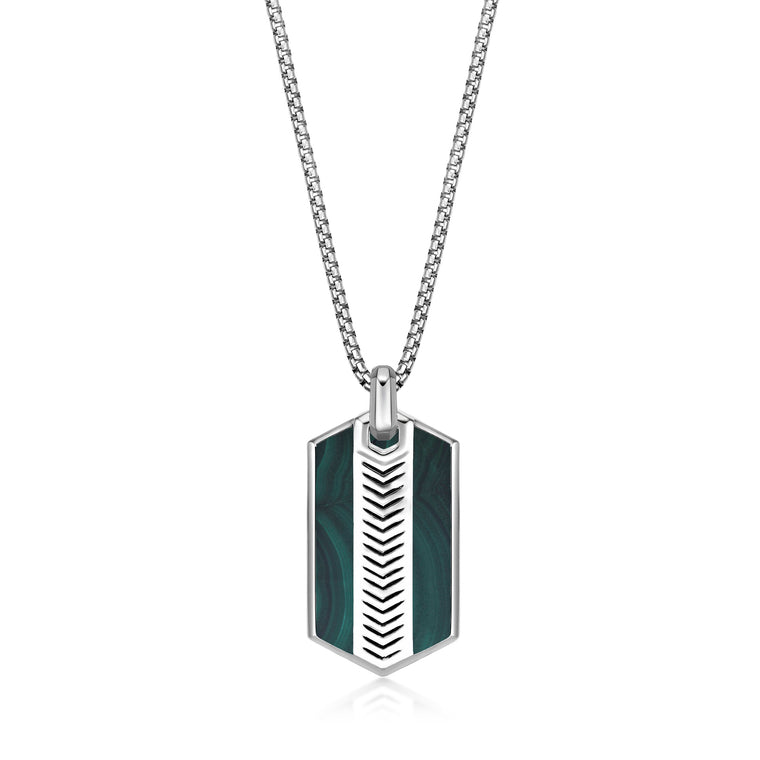 Chevron Malachite Dog Tag Pendant in Sterling Silver, 24"