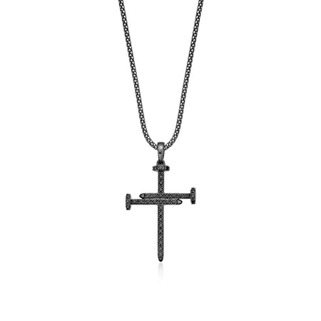 0.75 cttw Black Diamond Nail Cross Pendant in Sterling Silver, 24"