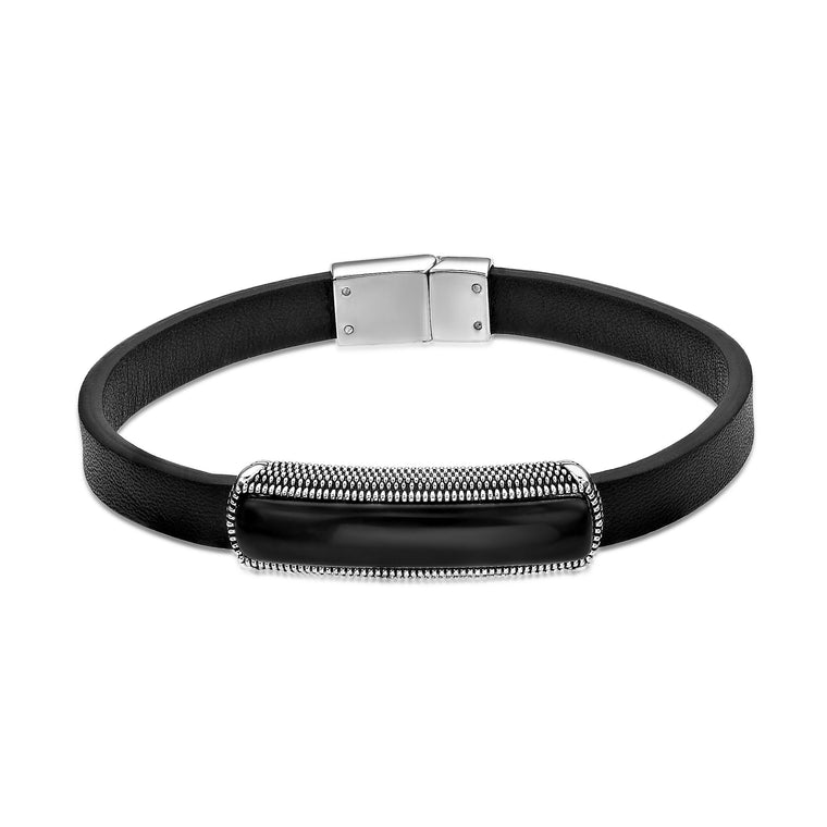 Black Leather Bracelet with Black Agate Bar in Sterling Silver, 8.5"