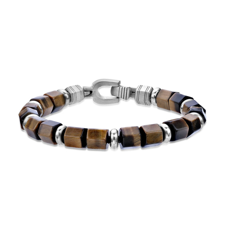 Tiger Eye Hexagon Chunky Beaded Bracelet in Sterling Silver, 8"