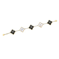 Black Onyx, Mother of Pearl and Cubic Zirconia Flower Bracelet in Yellow Gold Plated Sterling Silver