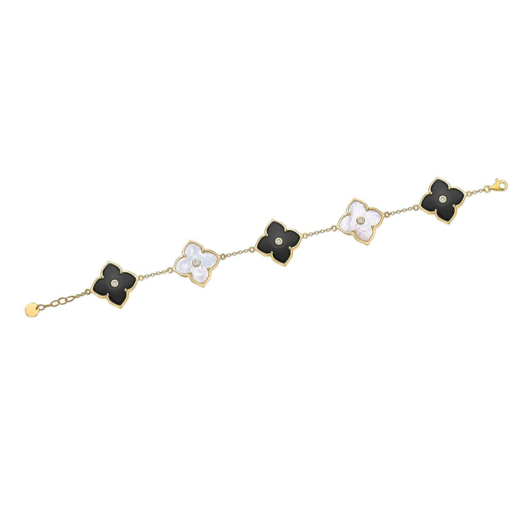 Black Onyx, Mother of Pearl and Cubic Zirconia Flower Bracelet in Yellow Gold Plated Sterling Silver
