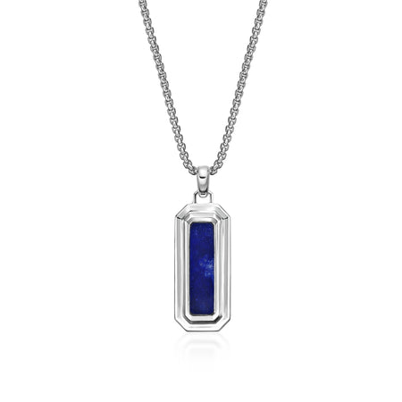 Reversible Lapis Lazuli and Created Sapphire Dog Tag Pendant in Sterling Silver, 24"