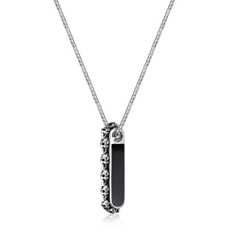 Vertical Bar Skull Pendant in Sterling Silver and Black Agate, 24"