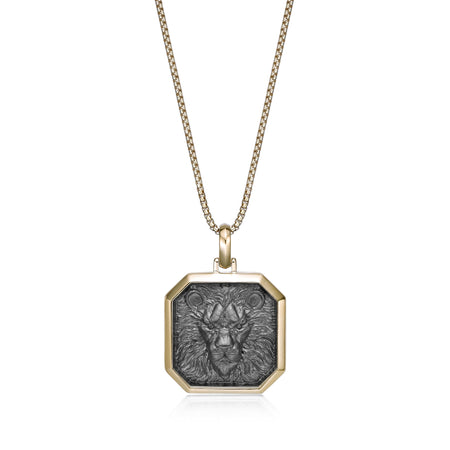 Lion's Head Medalion Pendant with 0.018 cttw Black Diamond in Yellow Gold Plated Sterling Silver, 24"