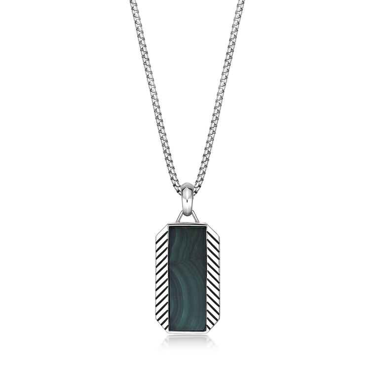 Chevron Malachite Dog Tag Pendant in Sterling Silver, 24"