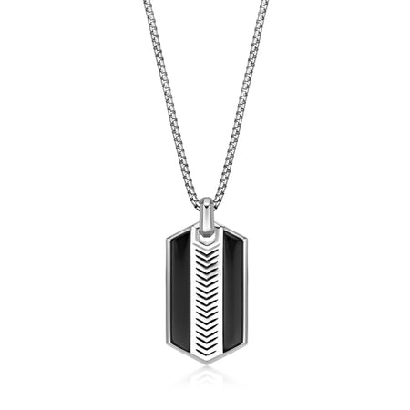 Chevron Black Onyx Dog Tag Pendant in Sterling Silver, 24"