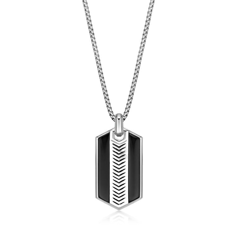 Chevron Black Onyx Dog Tag Pendant in Sterling Silver, 24"