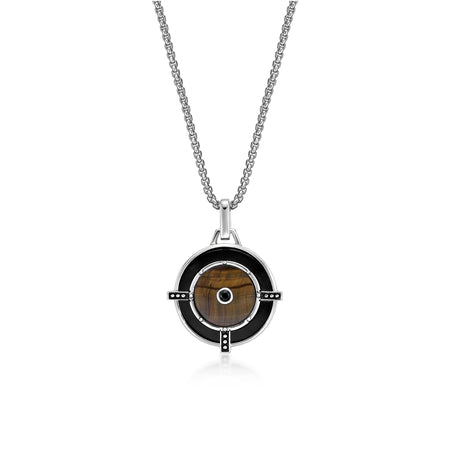 Tiger Eye and Black Agate Medalion Pendant in Sterling Silver, 24"