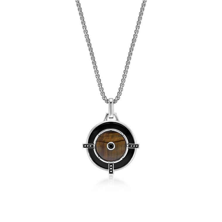 Tiger Eye and Black Agate Medalion Pendant in Sterling Silver, 24"