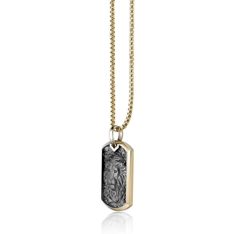 Lion's Head Dog Tag Pendant with 0.018 cttw Black Diamonds in Yellow Gold Plated Sterling Silver, 24"
