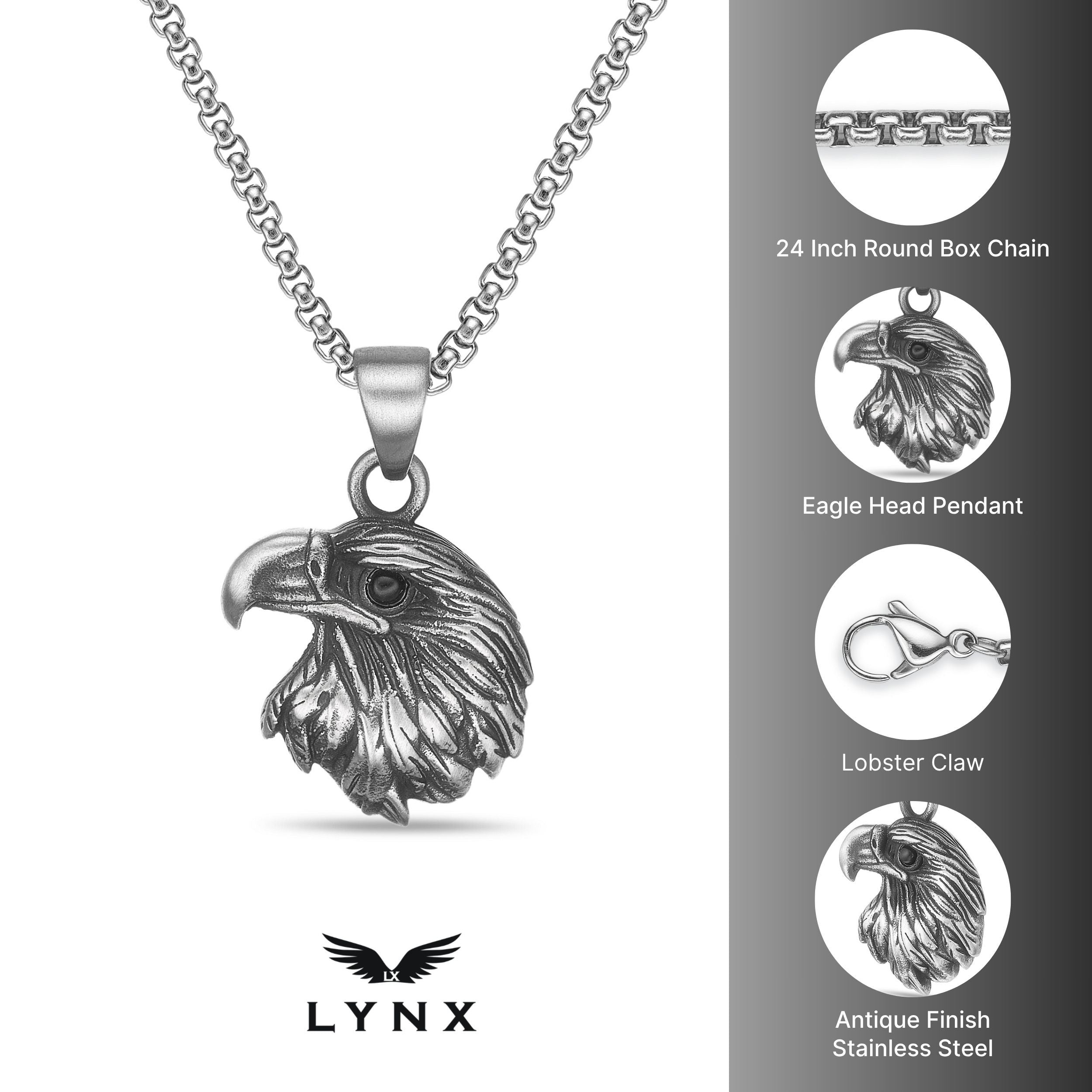 Eagle Head Pendant with Black Agate in Antique Finish Stainless Steel