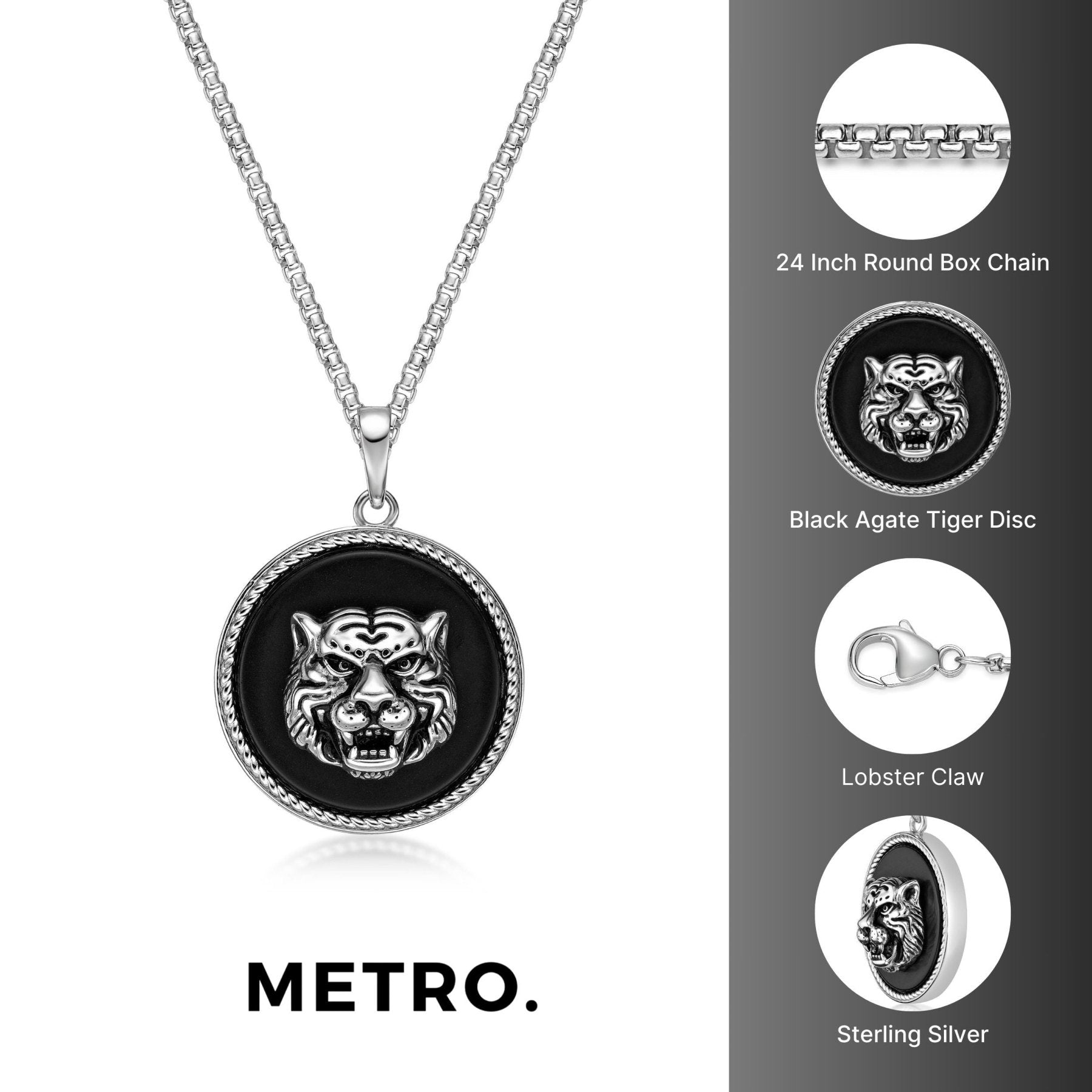 Men’s Black Agate Tiger Medallion Pendant in Stainless Steel