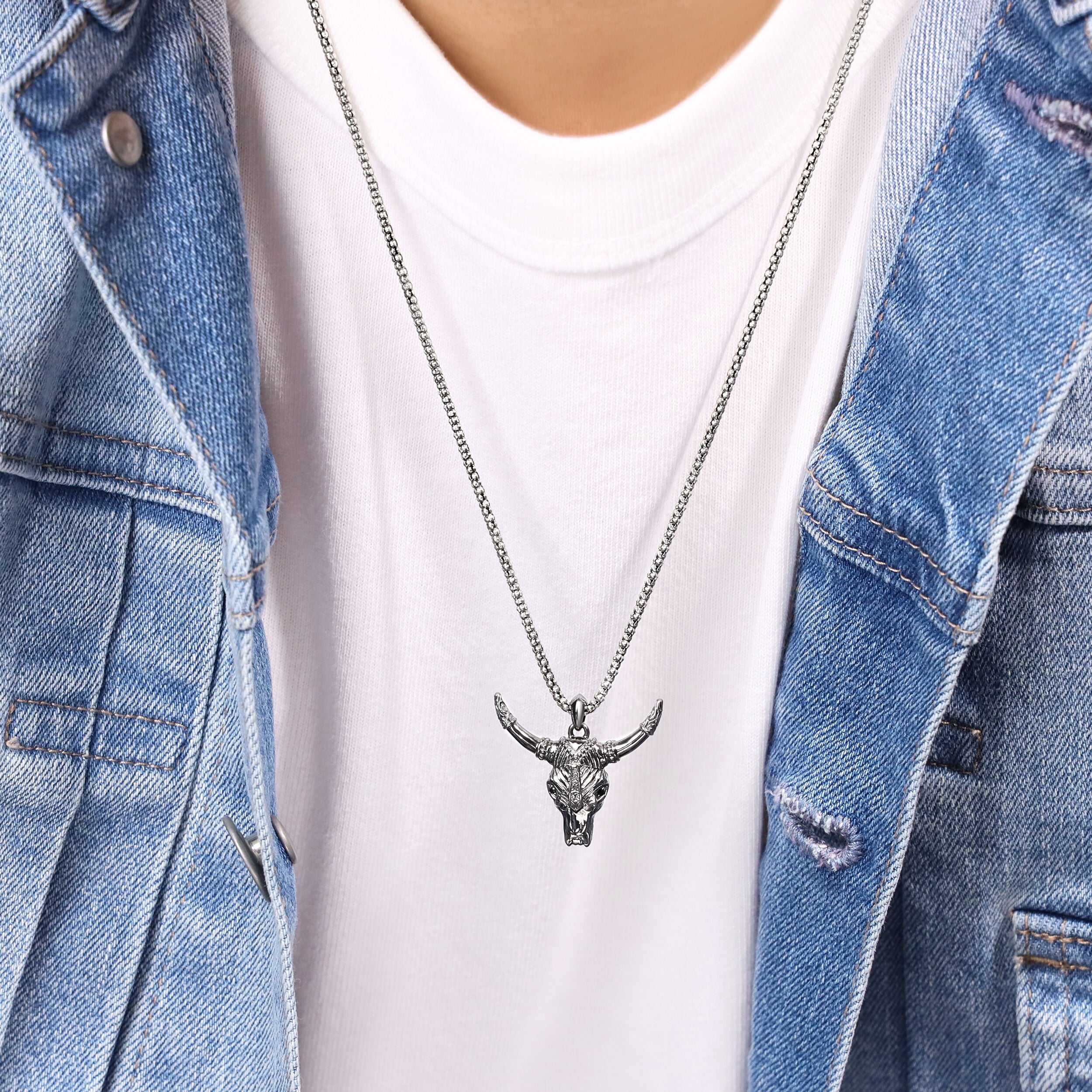 Men's Bull Pendant with Black Spinel in in Oxidized Sterling Silver