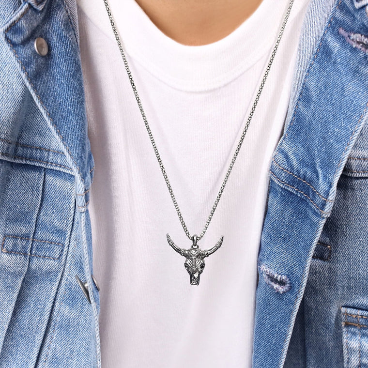 Men's Bull Pendant with Black Spinel in in Oxidized Sterling Silver