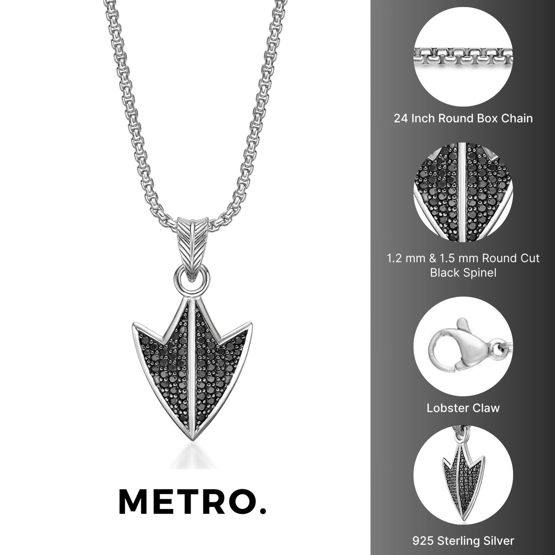 Men’s Arrowhead Pendant with Black Spinel in Sterling Silver