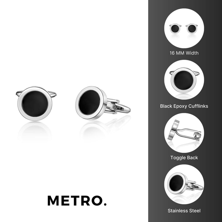 Round Black Resin Cufflinks in Stainless Steel