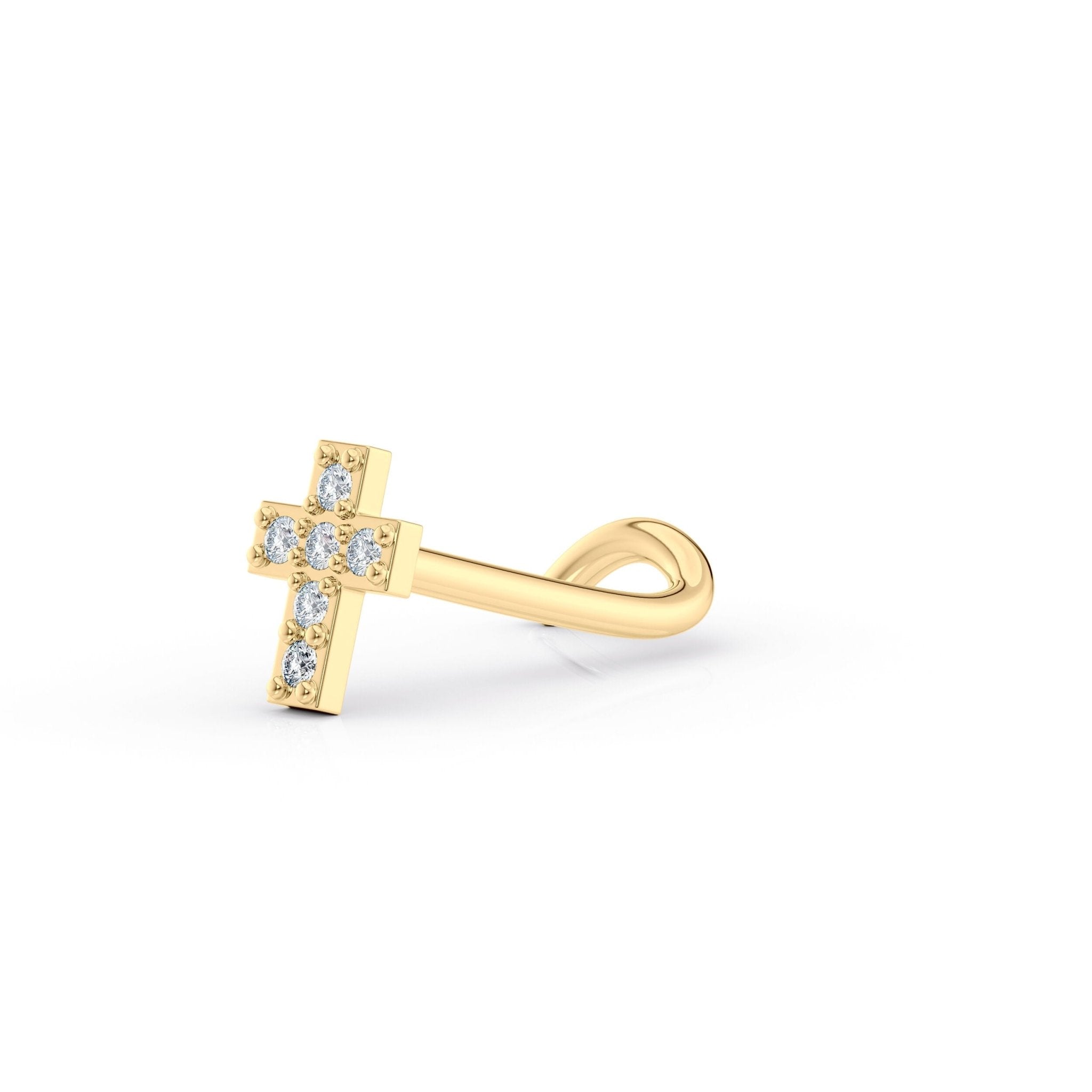 14K Cross CZ Curved Nose Ring - 20G