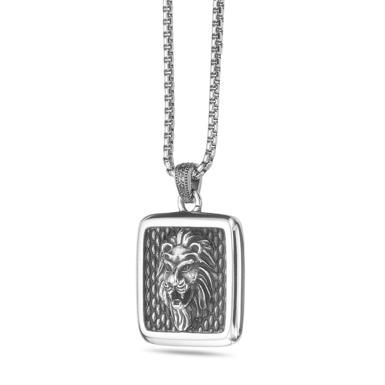 Lion Square Medallion Pendant in Antique Finish Stainless Steel