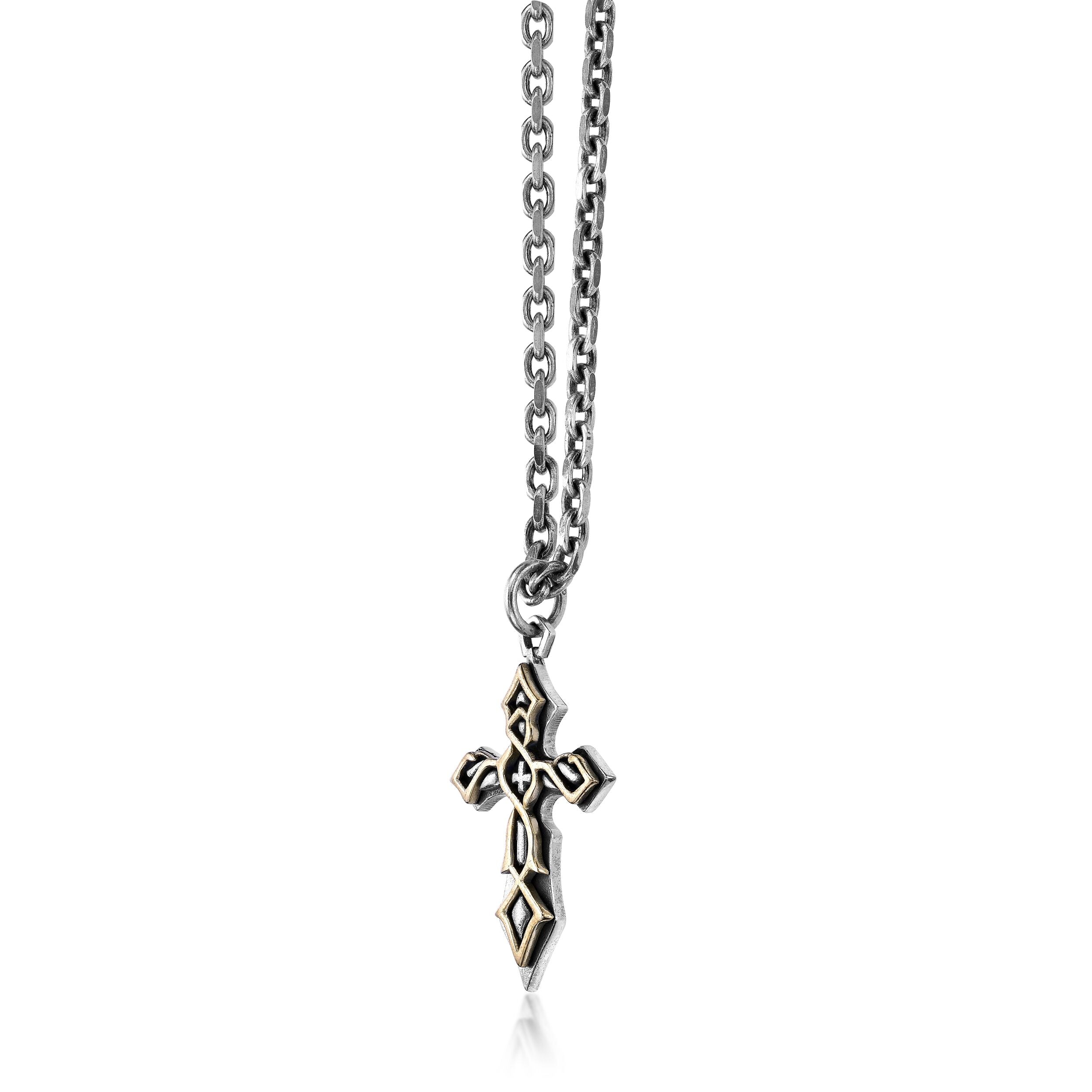 Men's Two-Tone Cross Pendant in Sterling Silver with Yellow Gold Plated Accent