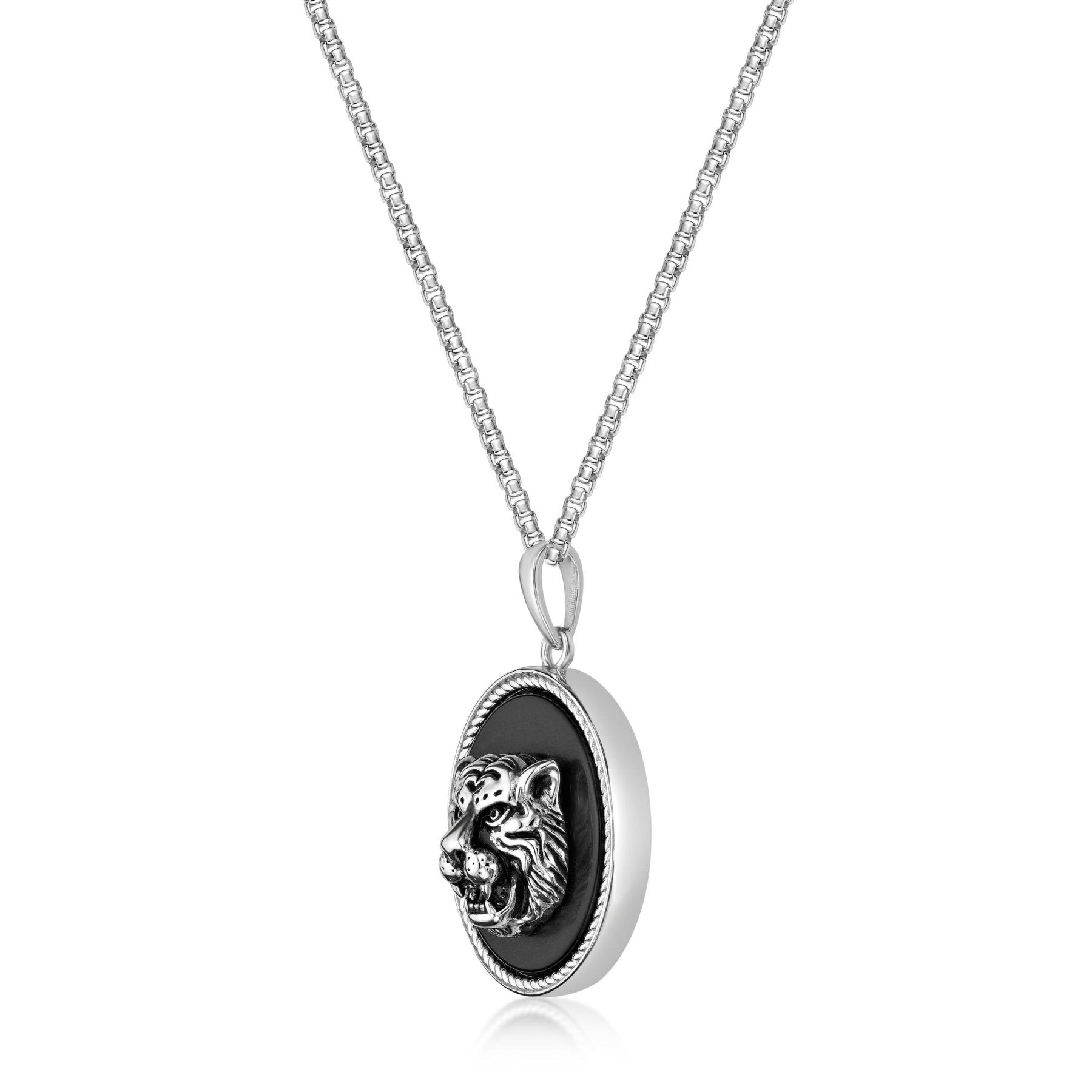 Men’s Black Agate Tiger Medallion Pendant in Stainless Steel