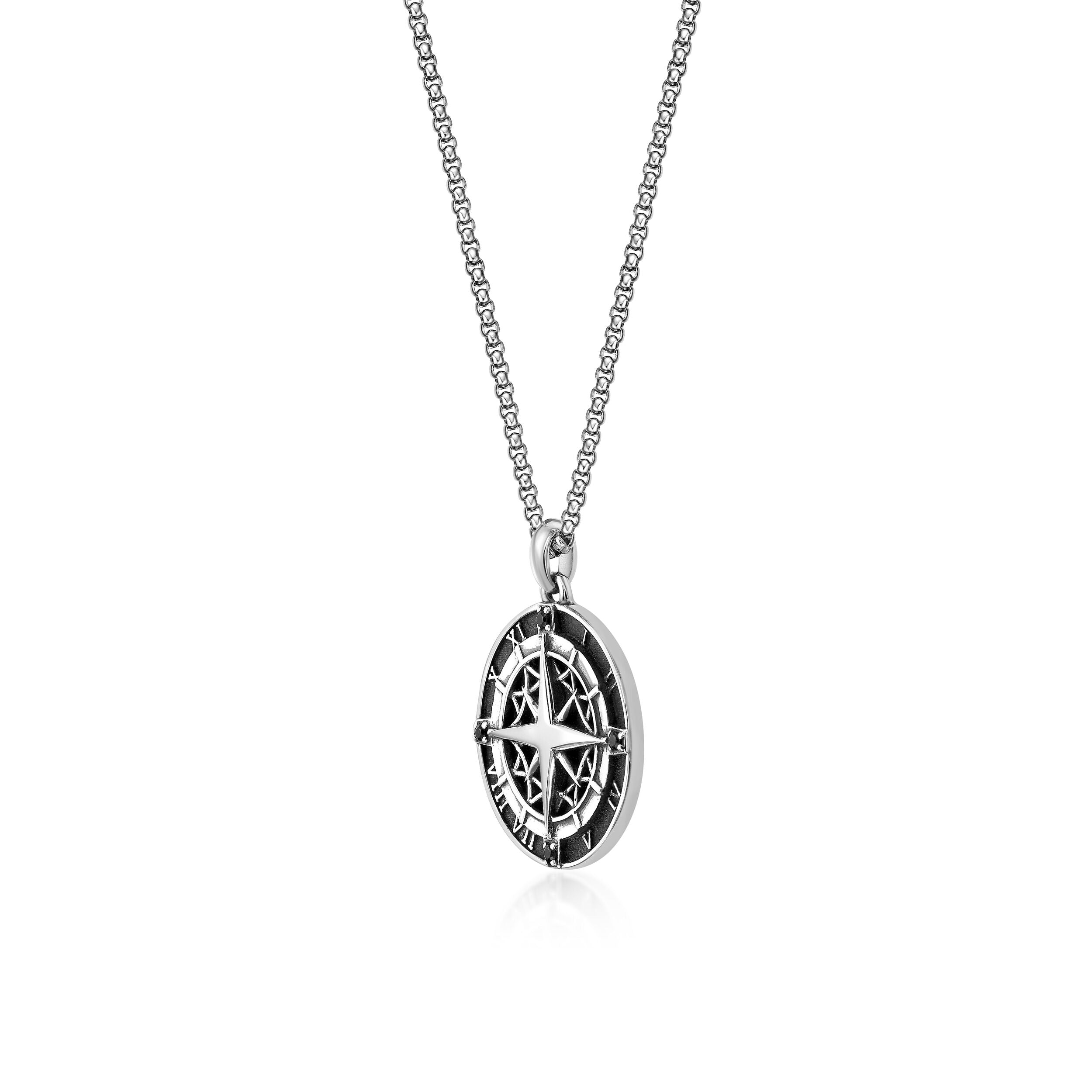 Men's Black Spinel Compass Medallion Pendant in Sterling Silver