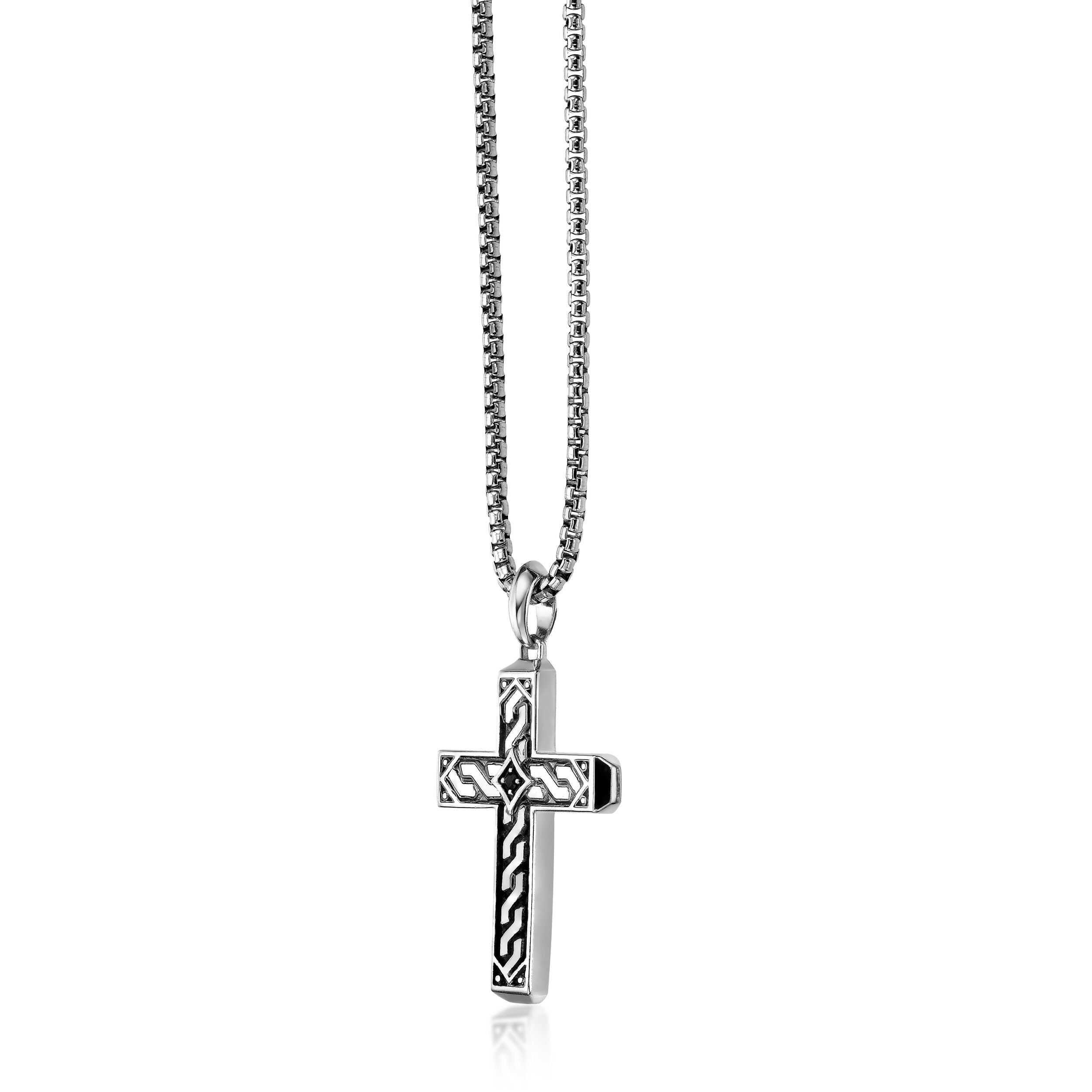 Men's Black Spinel Cross Pendant in Sterling Silver