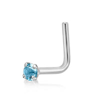 14K White Gold Aquamarine Crystal L-Shape Nose Ring - 20G
