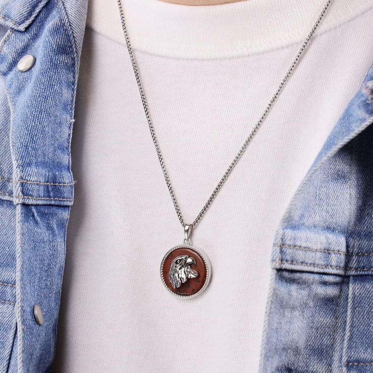 Round Eagle Pendant in Brown Obsidian and Serling Silver