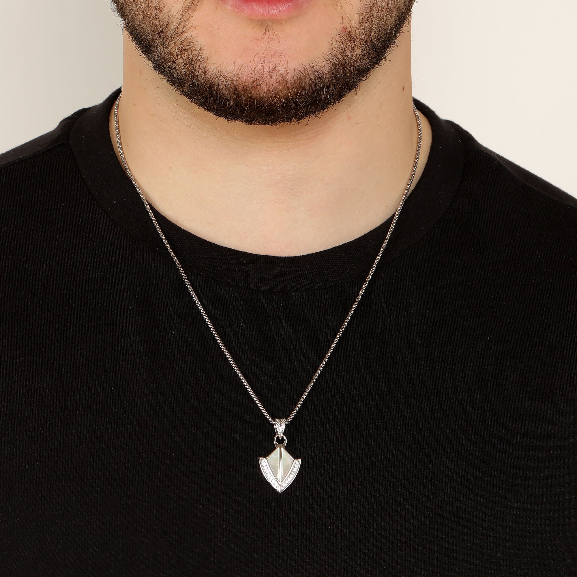 Men’s Mother of Pearl & Lab-Created White Sapphire Arrowhead Pendant in Sterling Silver
