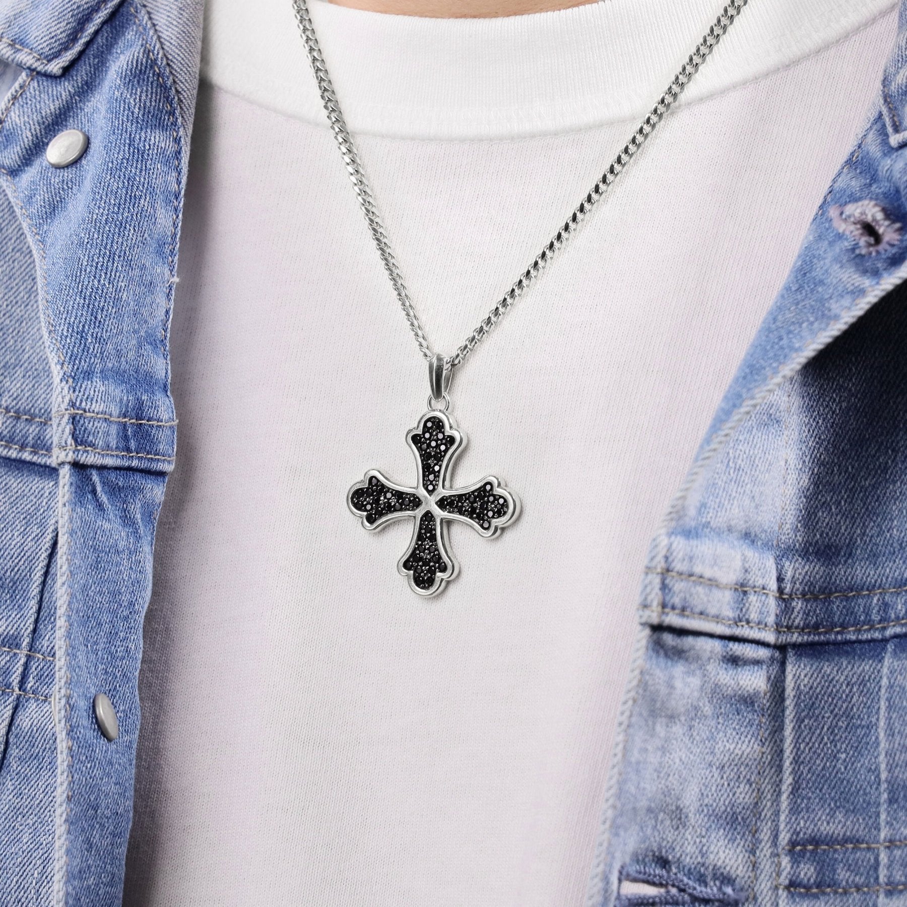 Men's Black Spinel Cross Pendant in Sterling Silver