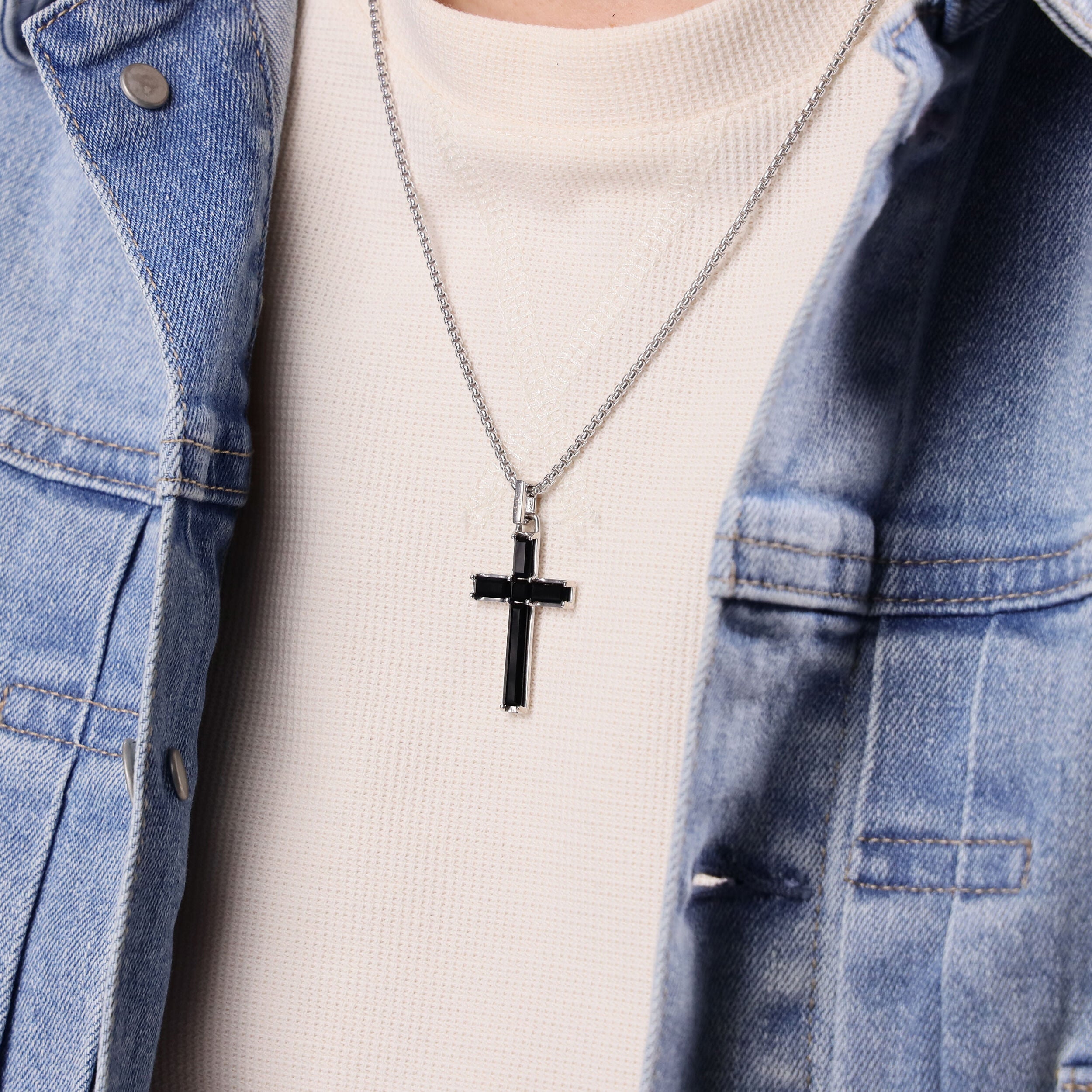Men's Black Onyx Cross Pendant in Sterling Silver