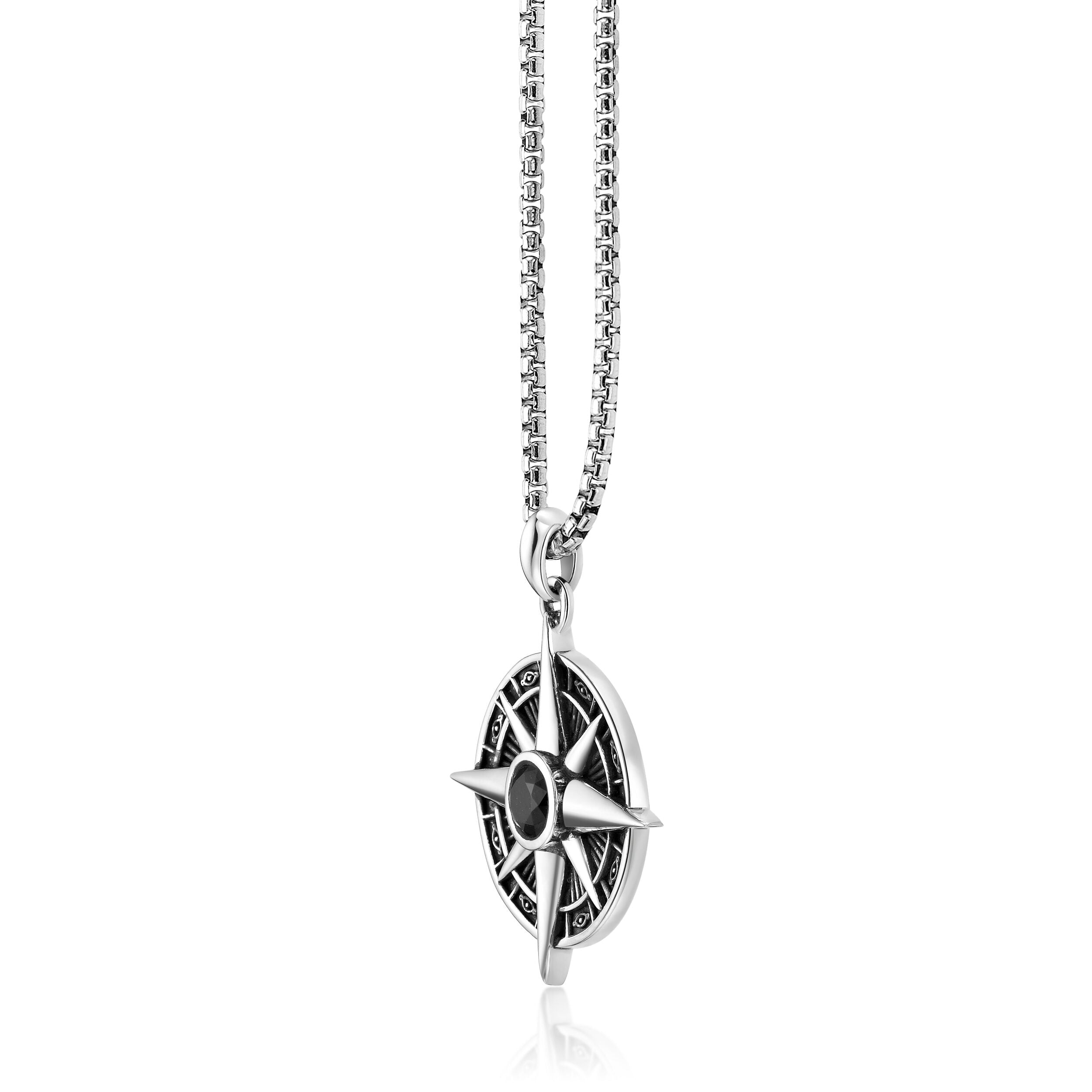 Men's Black Spinel Compass Pendant in Sterling Silver