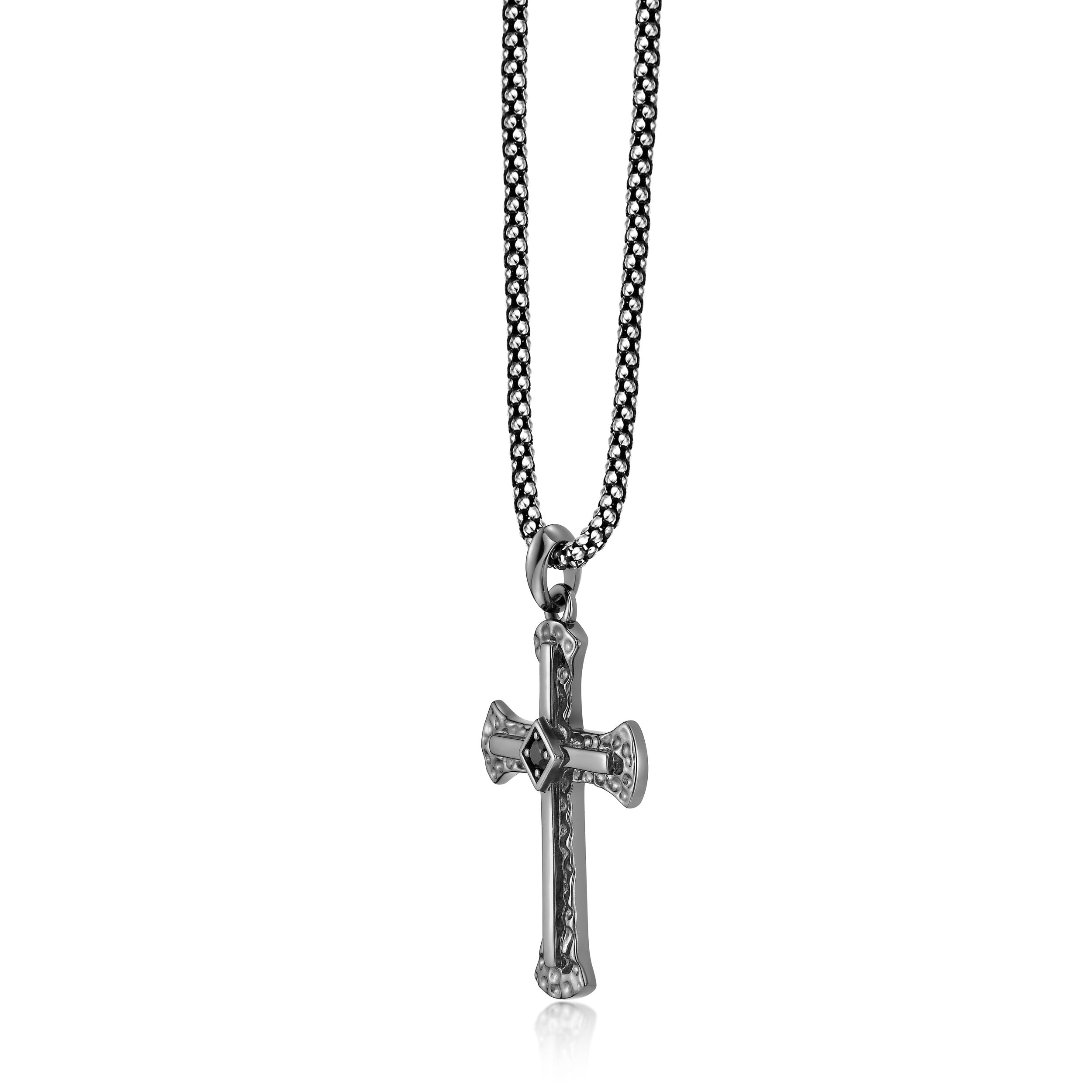 Men's Black Spinel Cross Pendant in Sterling Silver
