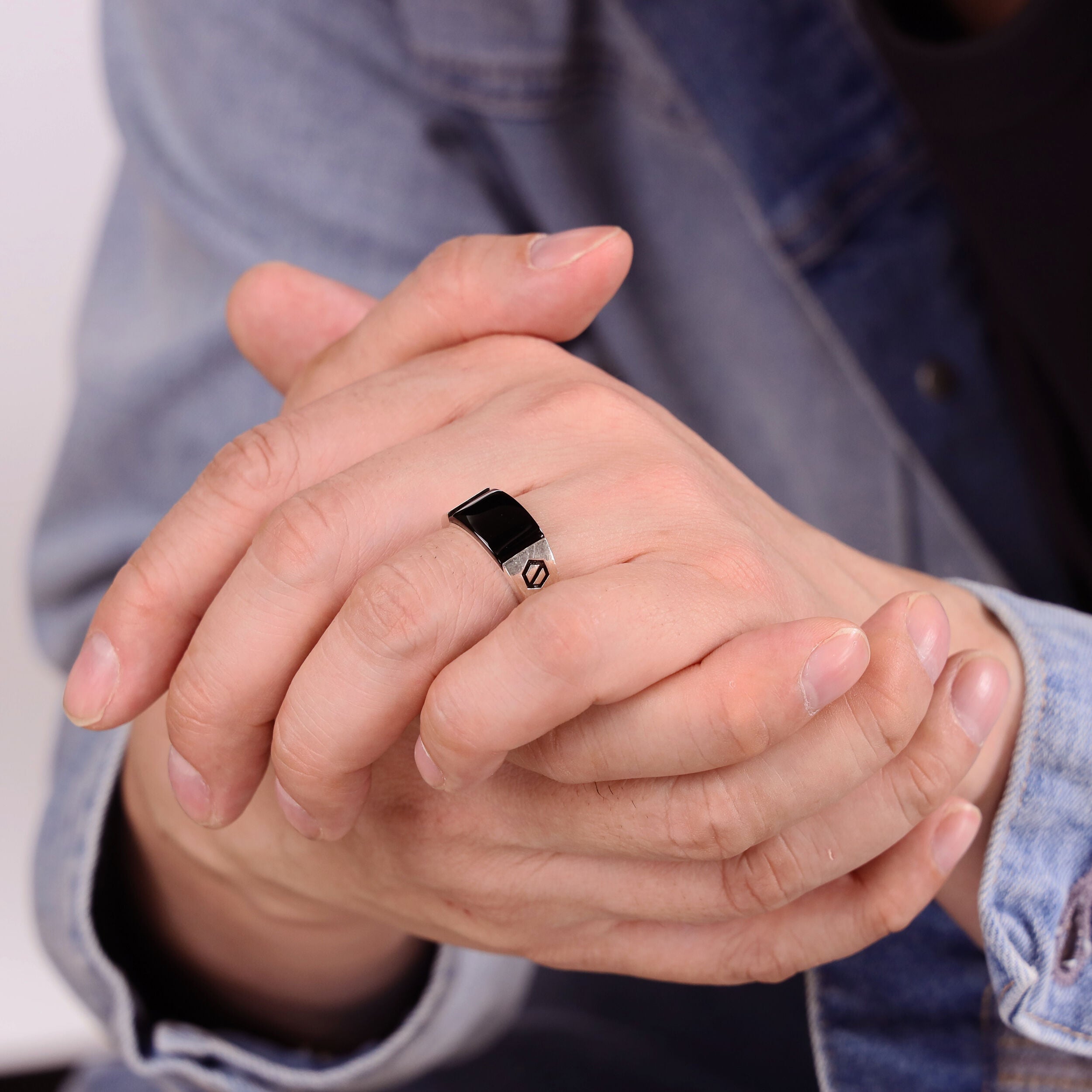 Men's Black Onyx Geometric Ring in Sterling Silver
