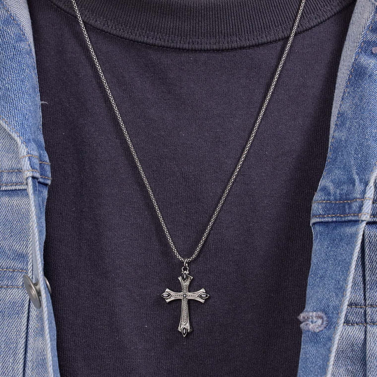 Men's Black Spinel Gothic Cross Pendant in Sterling Silver