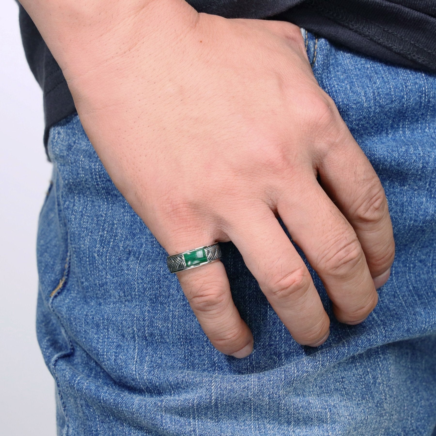 Men's Malachite Woven Band in Sterling Silver