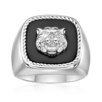 Lion's Head Statement Ring with Black Agate in Sterling Silver