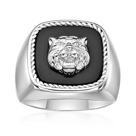 Lion's Head Statement Ring with Black Agate in Sterling Silver