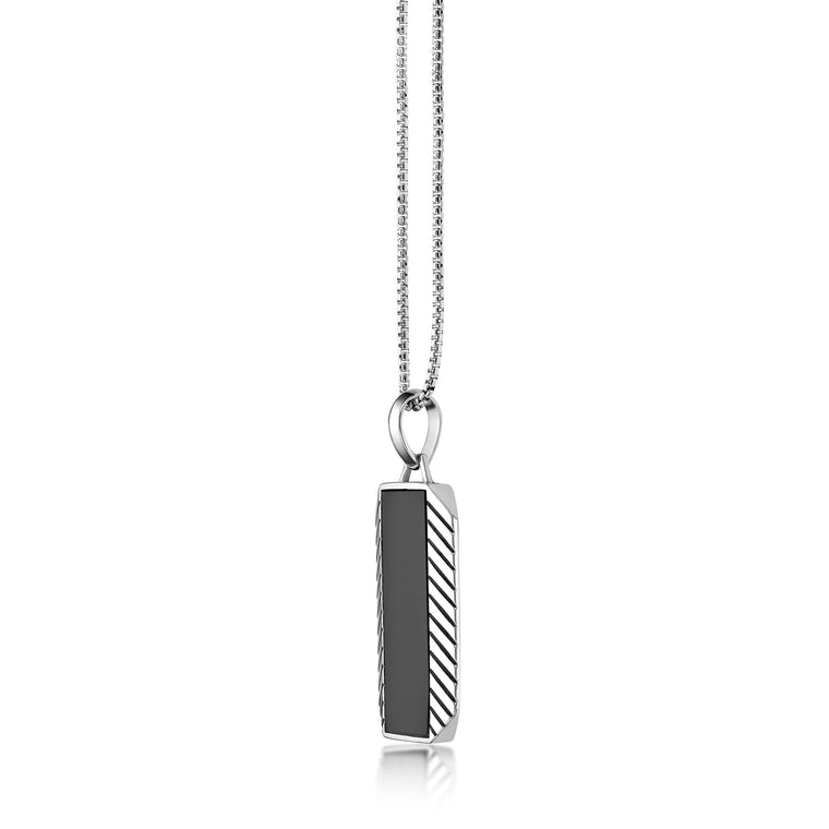 Chevron Black Onyx Dog Tag Pendant in Sterling Silver, 24"