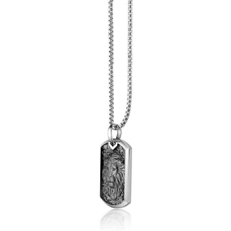 Lion's Head Dog Tag Pendant with 0.018 cttw Black Diamonds in Sterling Silver, 24"