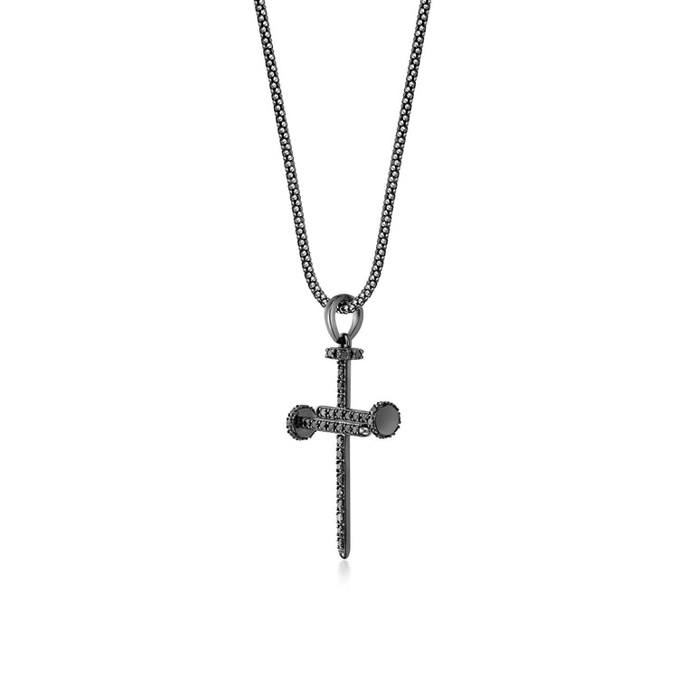 0.75 cttw Black Diamond Nail Cross Pendant in Sterling Silver, 24"