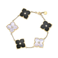 Black Onyx, Mother of Pearl and Cubic Zirconia Flower Bracelet in Yellow Gold Plated Sterling Silver