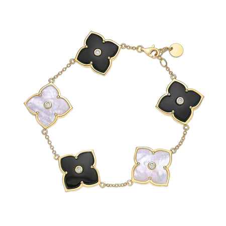 Black Onyx, Mother of Pearl and Cubic Zirconia Flower Bracelet in Yellow Gold Plated Sterling Silver