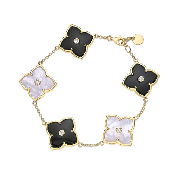 Black Onyx, Mother of Pearl and Cubic Zirconia Flower Bracelet in Yellow Gold Plated Sterling Silver
