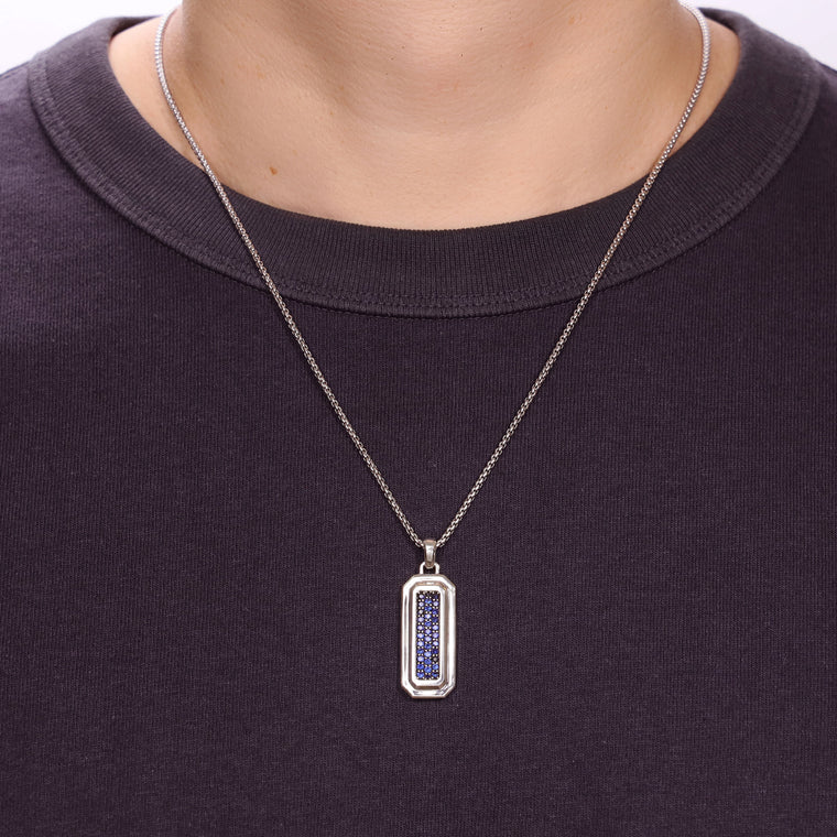 Reversible Lapis Lazuli and Created Sapphire Dog Tag Pendant in Sterling Silver, 24"