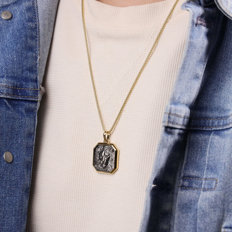 Lion's Head Medalion Pendant with 0.018 cttw Black Diamond in Yellow Gold Plated Sterling Silver, 24"