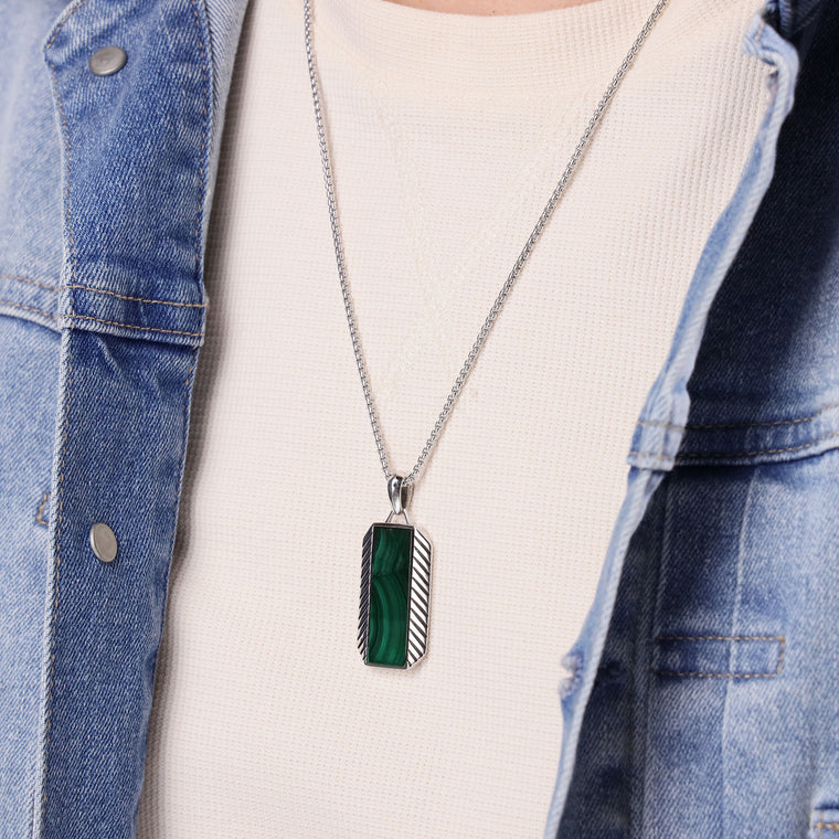 Chevron Malachite Dog Tag Pendant in Sterling Silver, 24"
