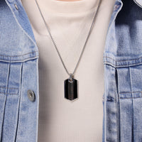 Chevron Black Onyx Dog Tag Pendant in Sterling Silver, 24"
