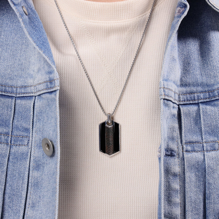 Chevron Black Onyx Dog Tag Pendant in Sterling Silver, 24"